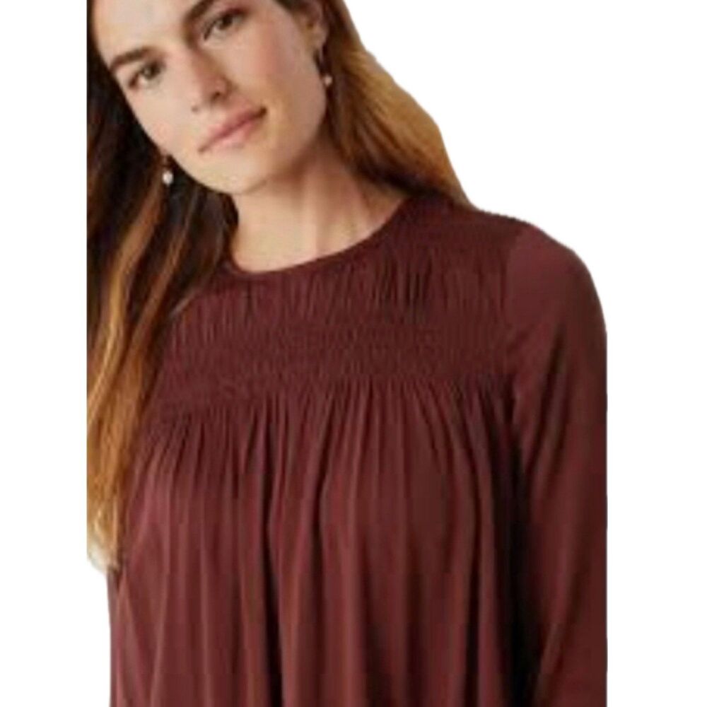 J. Jill Women's Brown Satin Smocked Peasant Long Sleeve A-Line Top Petite M